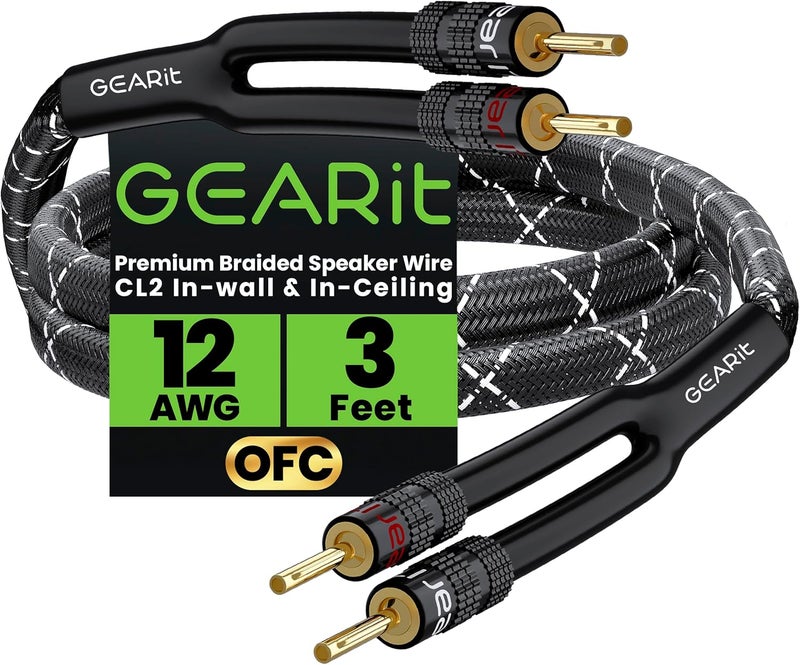 GearIT 12AWG Premium Heavy Duty Braided Speaker Wire (3 Feet) with Dual Gold Plated Banana Plug Tips - Oxygen-free Copper (OFC) Construction, Black - Image 1