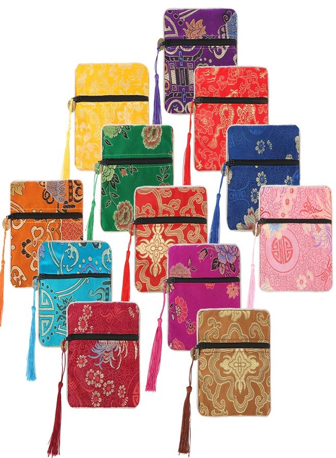 kilofly 12 pc Silk Brocade Tasseled Coin Purse Zipper Jewelry Bag Gift Pouch Set - Image 1