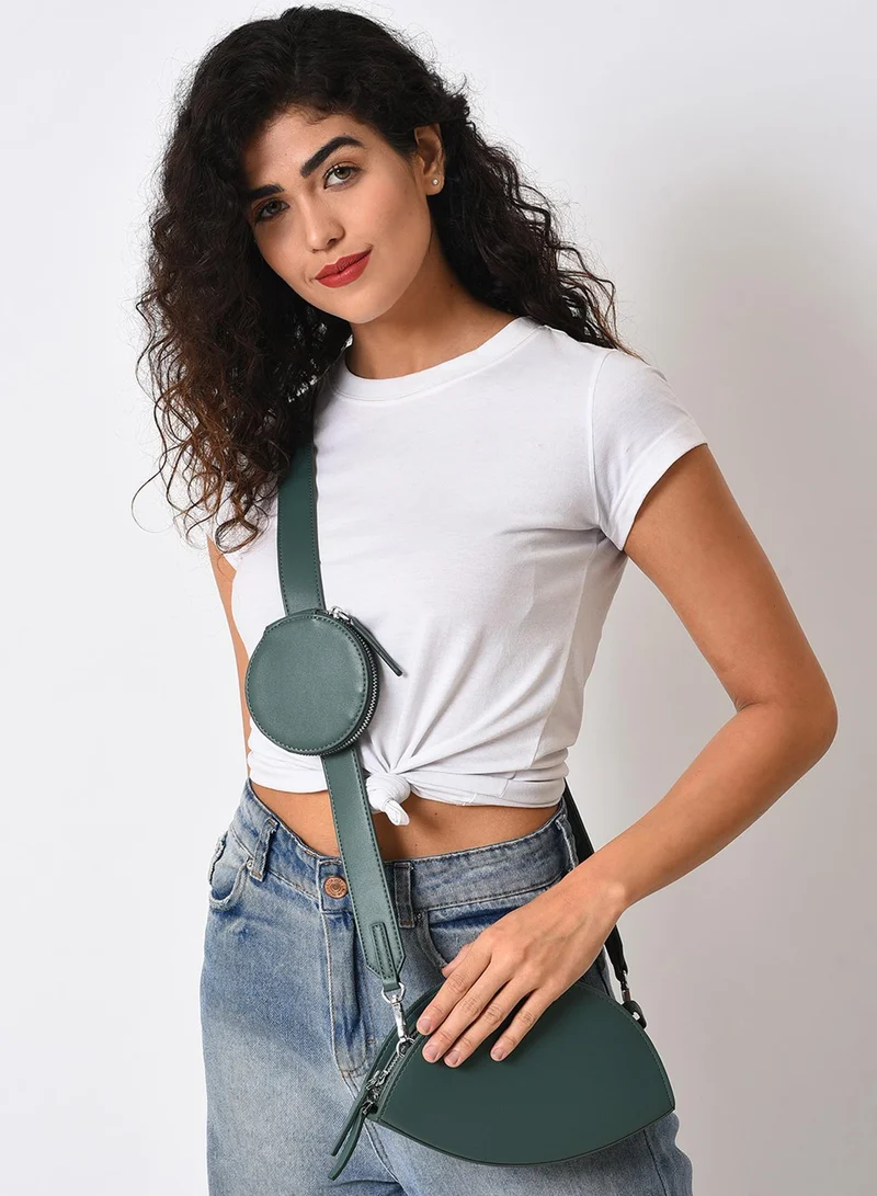 Haute Sauce Green Vegan Leather Structured Sling Bag With Tasselled