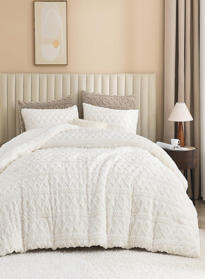 Andency مجموعة لحاف كوين أندنسي فلوفي شيربا، بطانية فleece بيضاء ناعمة للغاية للتدفئة في الشتاء، مجموعة سرير فاخرة من جاكار بوهو سميكة وطرية 3 قطع (1 لحاف شاجي، 2 غطاء وسادة) - Image 2