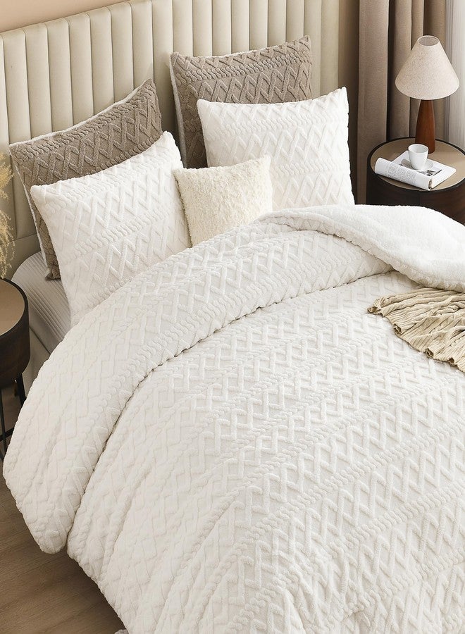 Andency مجموعة لحاف كوين أندنسي فلوفي شيربا، بطانية فleece بيضاء ناعمة للغاية للتدفئة في الشتاء، مجموعة سرير فاخرة من جاكار بوهو سميكة وطرية 3 قطع (1 لحاف شاجي، 2 غطاء وسادة) - Image 3