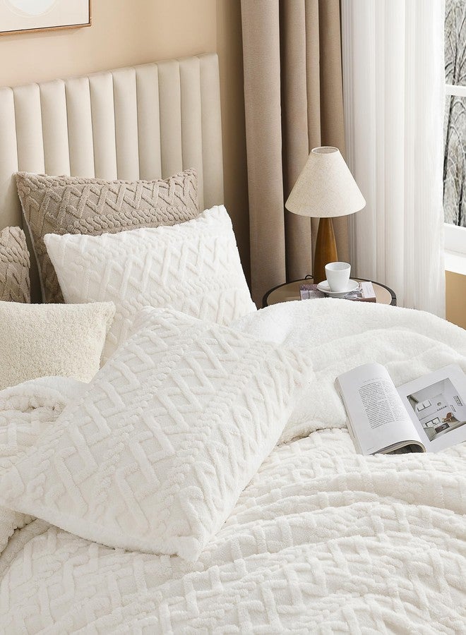 Andency مجموعة لحاف كوين أندنسي فلوفي شيربا، بطانية فleece بيضاء ناعمة للغاية للتدفئة في الشتاء، مجموعة سرير فاخرة من جاكار بوهو سميكة وطرية 3 قطع (1 لحاف شاجي، 2 غطاء وسادة) - Image 5