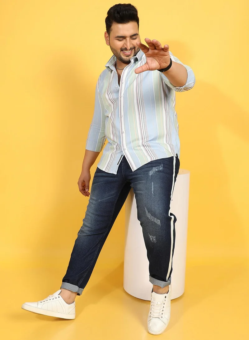 Instafab Plus Instafab Plus Men's Multicolour Striped Plus-Size Fit Button Up Shirt For Casual Wear | Cotton Spread Collar Shirt Crafted With Regular Sleeve & Comfort Fit For Everyday Wear
