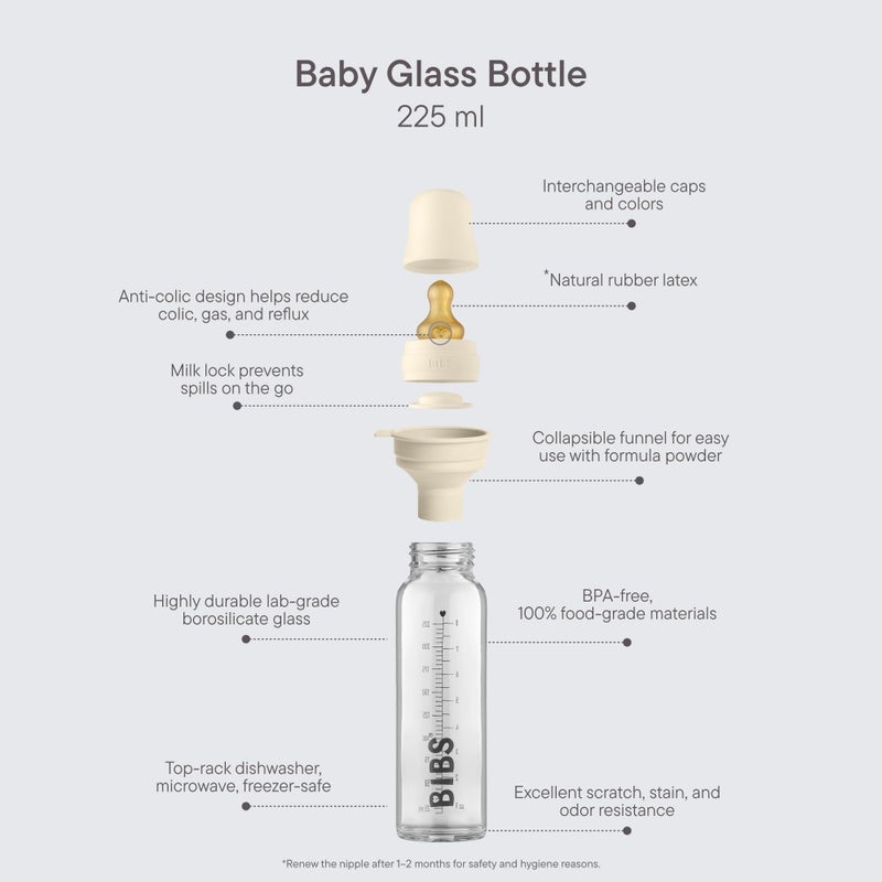 BIBS Baby Glass Bottle. Anti-Colic. Round Natural Rubber Latex Nipple. Supports Natural Breastfeeding, Complete Set - 225 ml, Woodchuck - Image 2