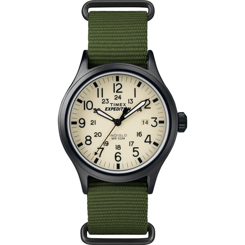 Timex Men's Expedition Scout 40mm Watch â€“ Black Case Cream Dial with Green Fabric Strap - Image 1