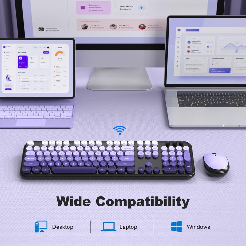 MOFII Wireless Keyboard and Mouse Combo, Full Size 2.4G Retro Round Computer Keyboard and Mouse Set, Plug and Play, for Windows, Computer, Desktop, PC, Notebook - (Black Purple Gradient) - Image 2