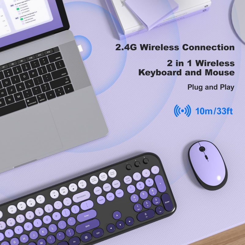 MOFII Wireless Keyboard and Mouse Combo, Full Size 2.4G Retro Round Computer Keyboard and Mouse Set, Plug and Play, for Windows, Computer, Desktop, PC, Notebook - (Black Purple Gradient) - Image 3