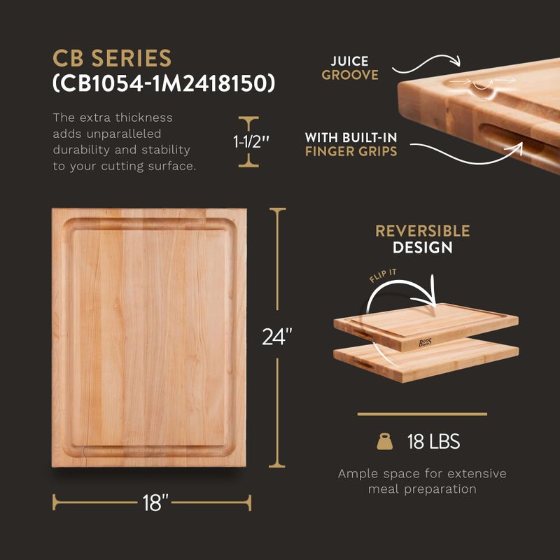 John Boos Block Reversible Cutting Board, CB Series w/Juice Groove, 24"x18"x1.5", Maple - Image 2