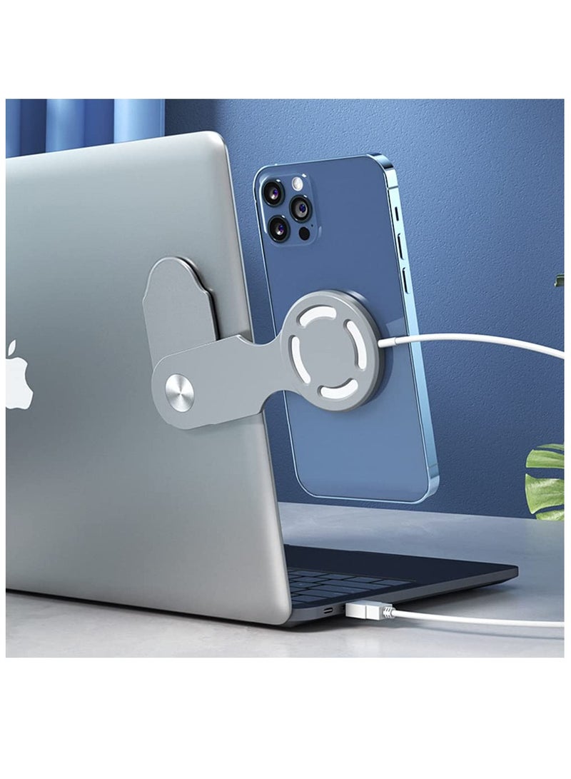 SYOSI Adjustable Laptop Phone Holder, Fast Wireless Charger Magnetic Phone Holder, Slim Portable Laptop Side Mount Clip, Monitor Expansion Bracket, Foldable for i-Phone12/13/14 Series with 3M Adhesive Grey - Image 1
