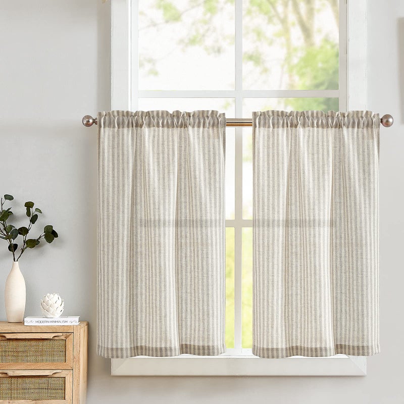 Lazzzy Kitchen Curtains Short Cafe Stripe Pattern Tiers Bathroom Window Curtain Small Drapes Rod Pocket Top 2 Panels 24 Inch Gray - Image 1