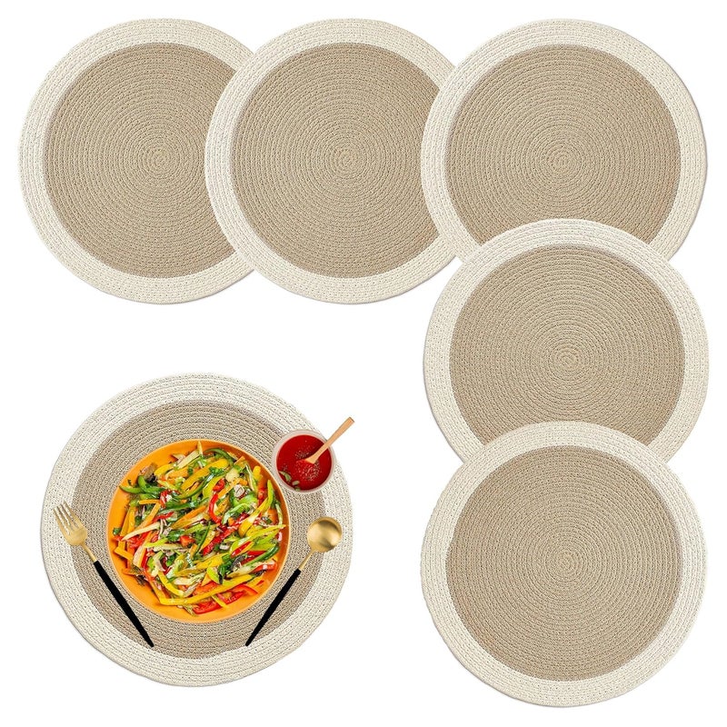 SLEEKBODE Placemat for Dining Table Cotton Table Placemat Set of 6 Pieces Bed Side Table Mat Cotton Round Shape Placemat Side Table Cover Round Table Mat Beige OffWhite - Image 1