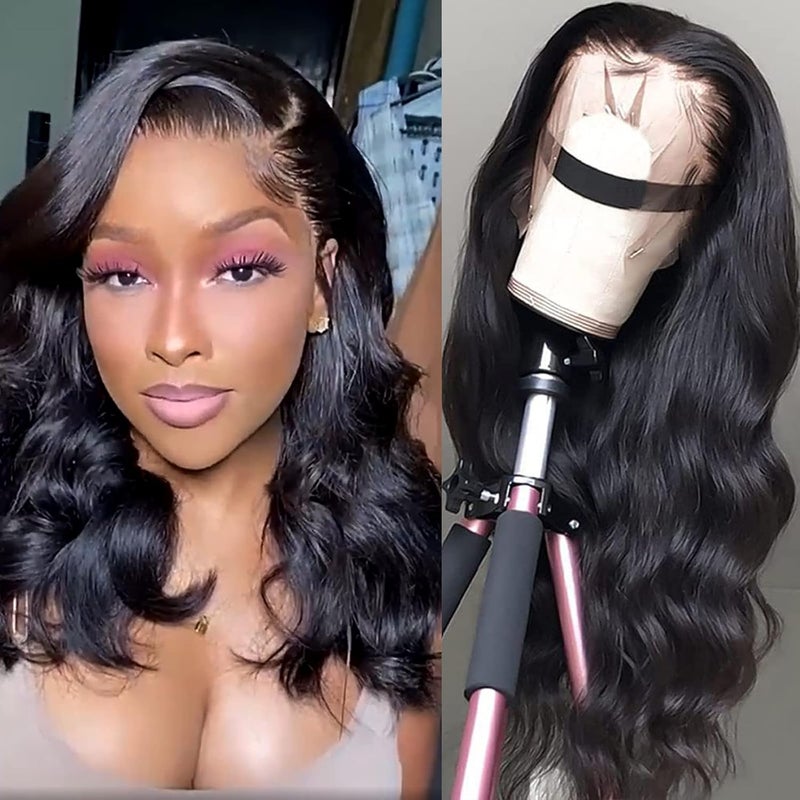 SENSAIRUITE Lace Front Wigs Human Hair Pre Plucked Glueless Wigs Human Hair Wide Lace 180 Density Human Hair Wigs 13x4 Body Wave Wig 18 Inches Natural Color