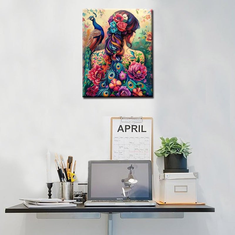 Tucocoo Painting by Numbers for Adults BeginnerFlowerPeacock and Girl Paint by Number on Canvas Easy to Paint for Beginner with Pigment and Brushes Unique Tattoos Artwork for Decor Without Frame 16X20 - Image 3