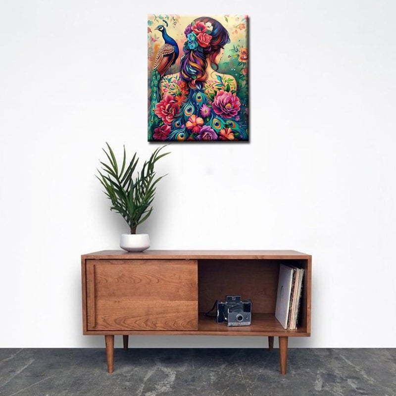 Tucocoo Painting by Numbers for Adults BeginnerFlowerPeacock and Girl Paint by Number on Canvas Easy to Paint for Beginner with Pigment and Brushes Unique Tattoos Artwork for Decor Without Frame 16X20 - Image 2