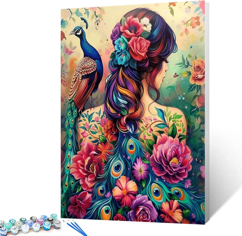 Tucocoo Painting by Numbers for Adults BeginnerFlowerPeacock and Girl Paint by Number on Canvas Easy to Paint for Beginner with Pigment and Brushes Unique Tattoos Artwork for Decor Without Frame 16X20 - Image 1