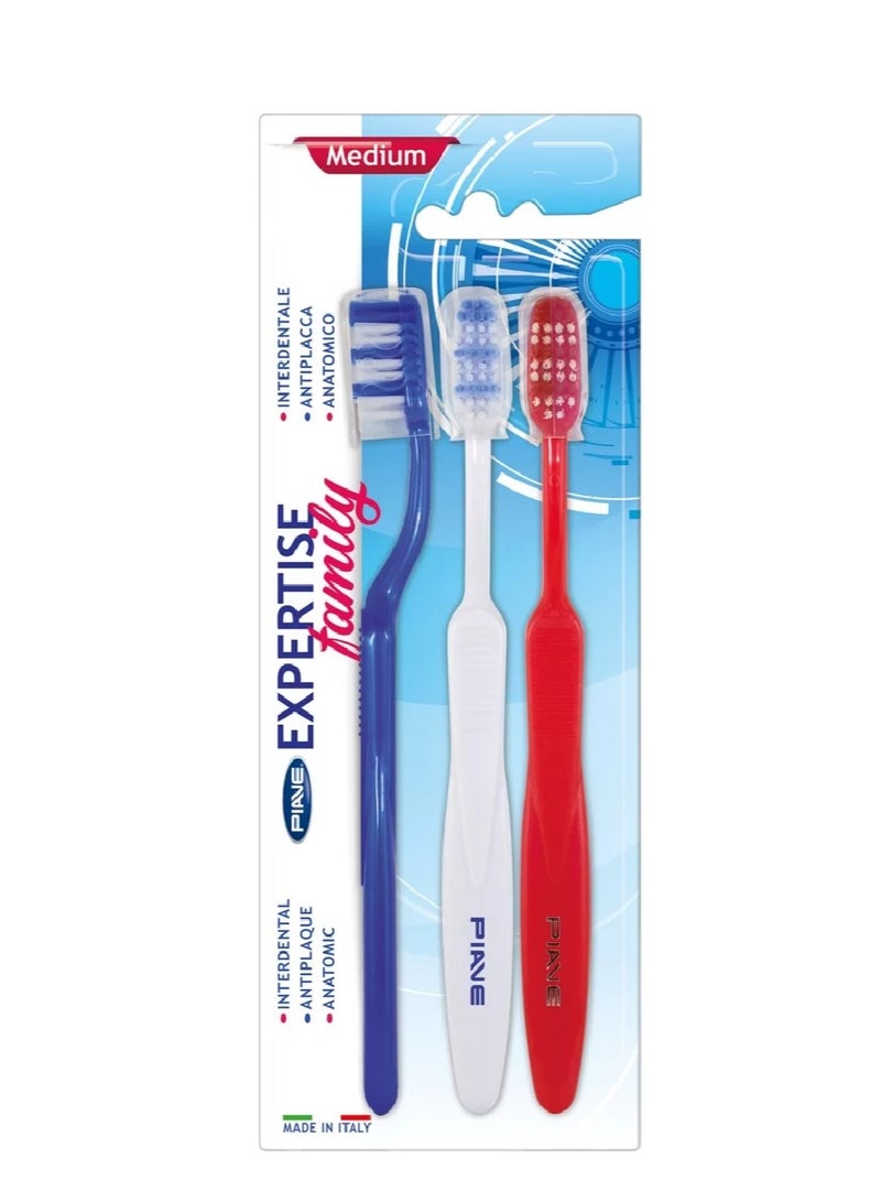 Piave Expertise Family Toothbrush Medium Bristles, Multicolor Durable & Gentle Cleaning For Family Use 2 + 1 - Image 1
