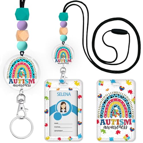 Mcapirivo Autism Awareness Lanyards for Id Badges and Keys, ID Badge Holder with Lanyard, Silicone Beaded Breakaway Keychain Lanyard for Women Teacher Nurse, ID Card Holder Name Badge Holder - Image 1