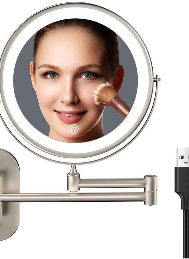 FUNTOUCH Rechargeable Wall Mounted Lighted Makeup Vanity Mirror 8 Inch Double Sided 1X 10X Magnifying Bathroom Mirror, 3 Color Lighting, Touch Screen Dimming, Extended Arm 360 Rotation Shaving Light up Mirror  - Image 1