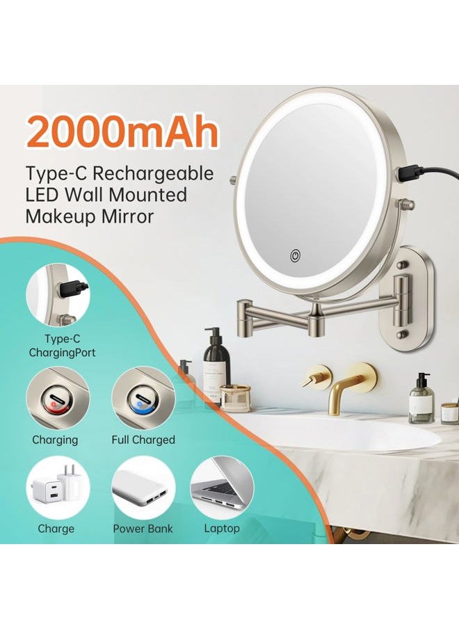 FUNTOUCH Rechargeable Wall Mounted Lighted Makeup Vanity Mirror 8 Inch Double Sided 1X 10X Magnifying Bathroom Mirror, 3 Color Lighting, Touch Screen Dimming, Extended Arm 360 Rotation Shaving Light up Mirror  - Image 2