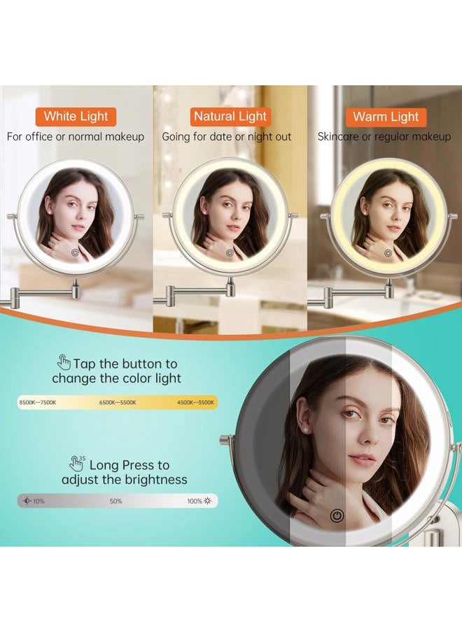 FUNTOUCH Rechargeable Wall Mounted Lighted Makeup Vanity Mirror 8 Inch Double Sided 1X 10X Magnifying Bathroom Mirror, 3 Color Lighting, Touch Screen Dimming, Extended Arm 360 Rotation Shaving Light up Mirror  - Image 3