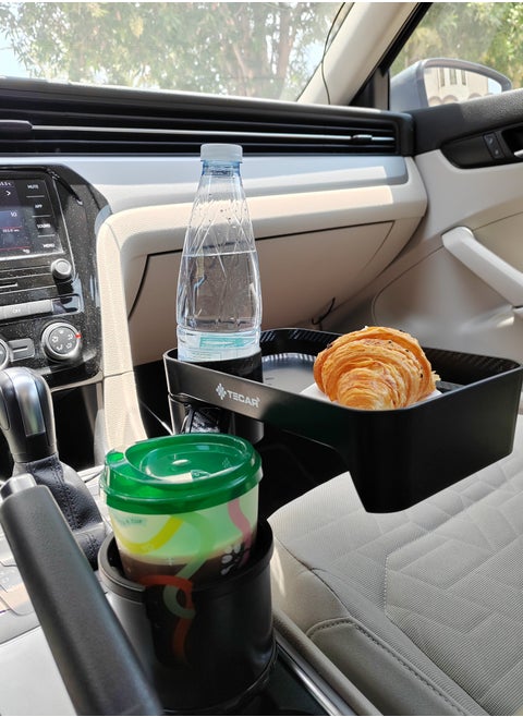 TE-02CP -  Multi-Use Cup Holder with Table, Adjustable base Car Cup Holder Extender with Tray and Phone Holder for Multiple Cars, Adjustable Dual Cup Holder Extender for Car, Universal Car Food Tray Table for Dining