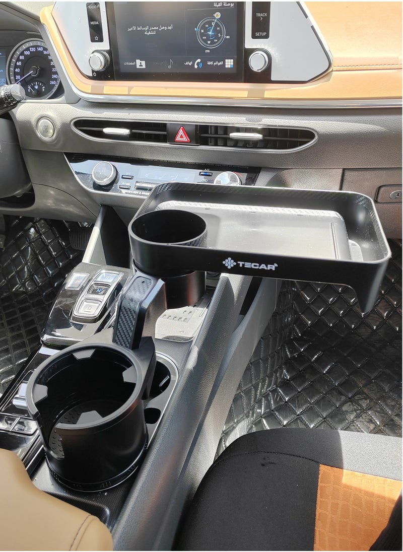 Tecar - TE-02CP -  Multi-Use Cup Holder with Table, Adjustable base Car Cup Holder Extender with Tray and Phone Holder for Multiple Cars, Adjustable Dual Cup Holder Extender for Car, Universal Car Food Tray Table for Dining - Image 1