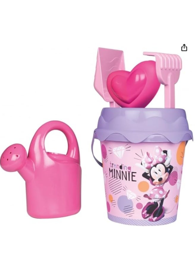 Smoby Minnie Sand Bucket Set with Watering Can, 17 cm Beach and Sand Toy Set with Bucket, Sieve, Shovel, Rake, Watering Can and Sand Mold, 66% Recycled Plastic, Outdoor Play Toy for 18 Months+, Made in France.