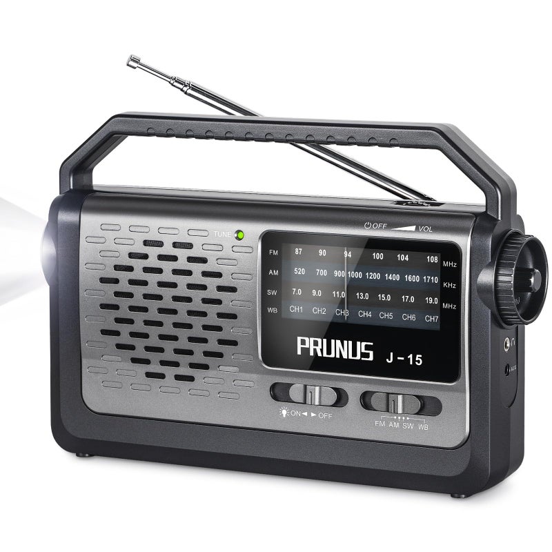 PRUNUS NOAA Weather AM FM Portable RadioBattery Operated Radio by 3X D Cell Batteries or AC Power with Best ReceptionFlashlight Earphone Jack for Emergency HouseholdOutdoorPlug in Wall by J15WB