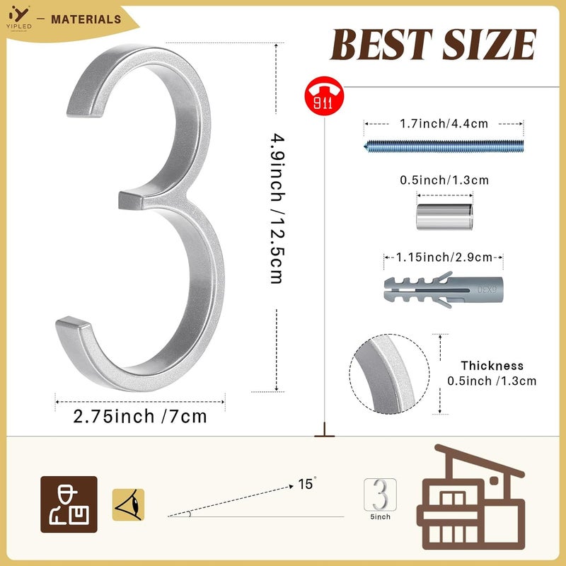 YIPLED 5 Inch House Numbers for Outside, Metal Address Number 3 - Modern Design, Weather-Resistant Silver Powder Coated Finish, No Fading (Silver) - Image 3