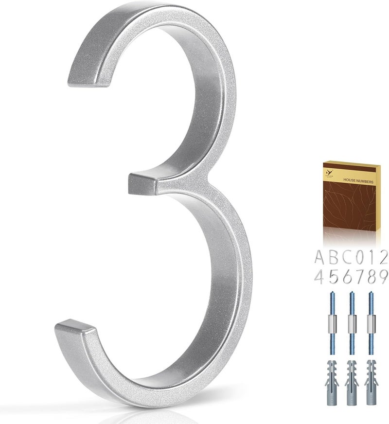 YIPLED 5 Inch House Numbers for Outside, Metal Address Number 3 - Modern Design, Weather-Resistant Silver Powder Coated Finish, No Fading (Silver) - Image 1