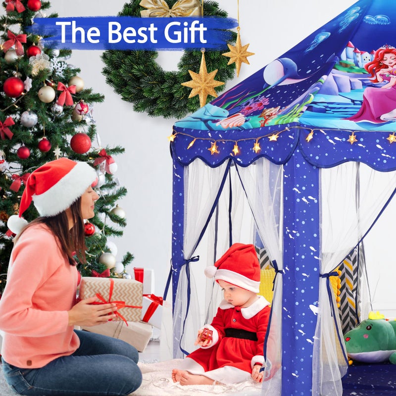 Monobeach Mermaid Princess Tent Girls Blue Large Playhouse Kids Castle Play Tent with Star Lights Gift Toy for Children Indoor and Outdoor Games - Image 4