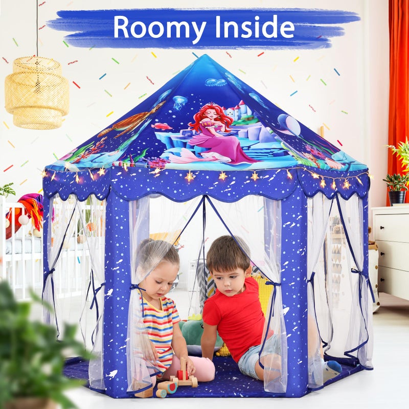 Monobeach Mermaid Princess Tent Girls Blue Large Playhouse Kids Castle Play Tent with Star Lights Gift Toy for Children Indoor and Outdoor Games - Image 2