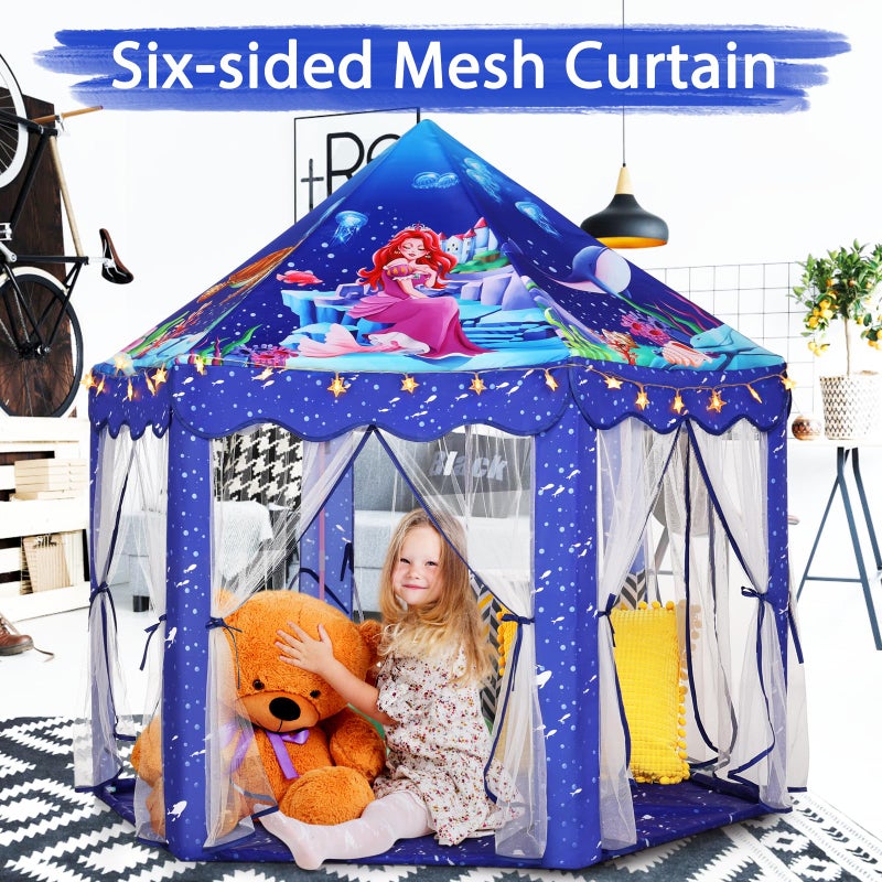 Monobeach Mermaid Princess Tent Girls Blue Large Playhouse Kids Castle Play Tent with Star Lights Gift Toy for Children Indoor and Outdoor Games - Image 3