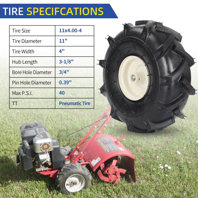 GICOOL 11x4.00-4" Tiller Tire and Wheel, 3/4" Axle Size, 3-1/8" Centered Hub, Compatible with Craftsman & Troy-Bilt Tiller Replacement - Image 5
