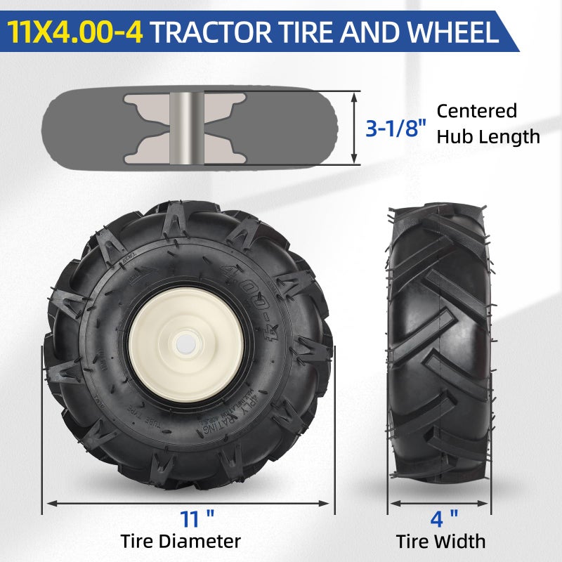 GICOOL 11x4.00-4" Tiller Tire and Wheel, 3/4" Axle Size, 3-1/8" Centered Hub, Compatible with Craftsman & Troy-Bilt Tiller Replacement - Image 2