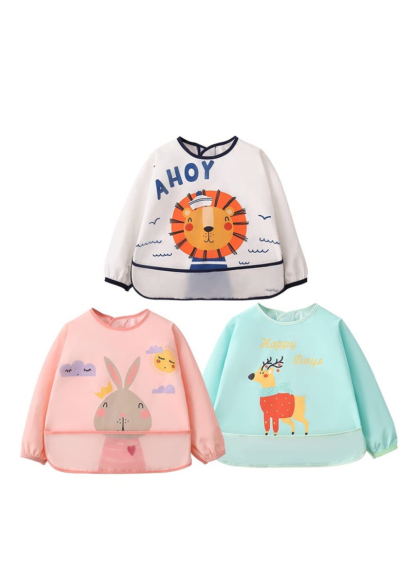 SOLARAE 3-Pack Long Sleeve Baby Bibs, Unisex Waterproof Feeding Smock Apron Set for Infants and Toddlers Aged 6-24 Months - Image 1