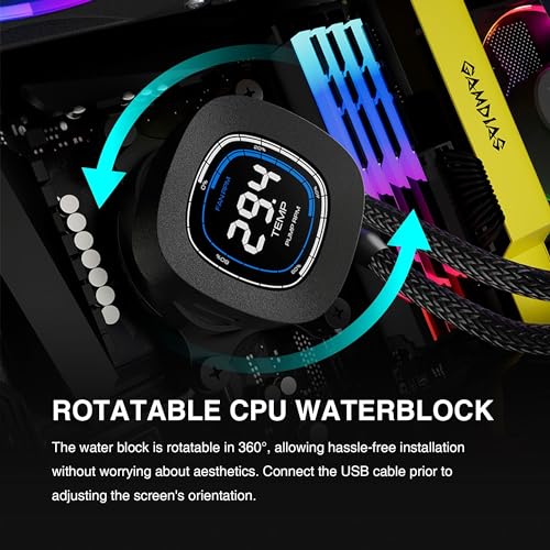 GAMDIAS 240mm CPU Liquid Cooler AIO w/ 2.1" Display & Customized Software, CPU Water Cooler w/Thick Radiator and ARGB PWM 2X 120mm Computer PC Case Fans, Compatible w/Intel 1700/1200 & AMD AM5/AM4 - Image 4