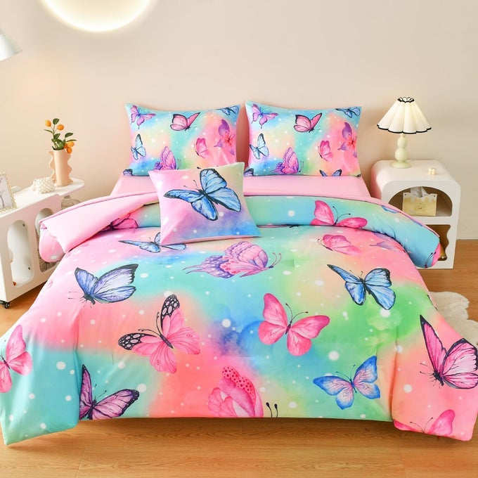 BUTTERFLY BEDDING SET TWIN PINK BUTTERFLY COMFORTER SET FOR GIRLS KIDS TEENS 6 PCS BED IN A BAG TWIN BEDDING SETS FOR GIRLS