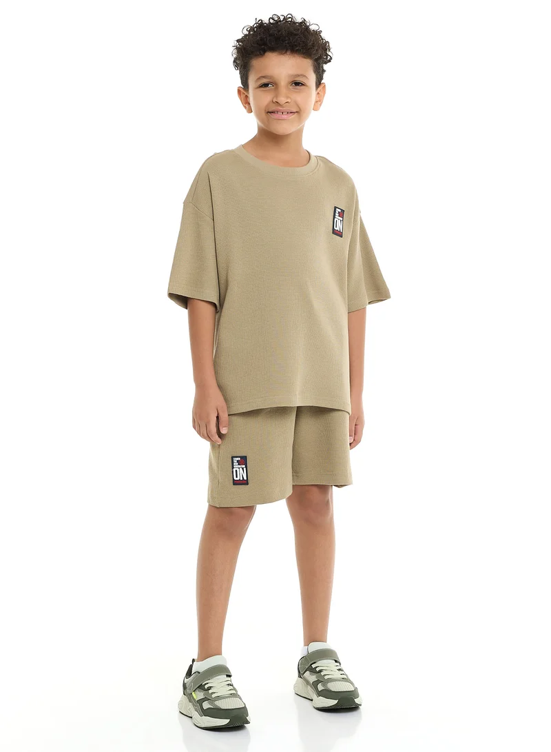 victor and jane Oversized Boys' Cord Set – Olive T-Shirt and Shorts Outfit with Label Detail