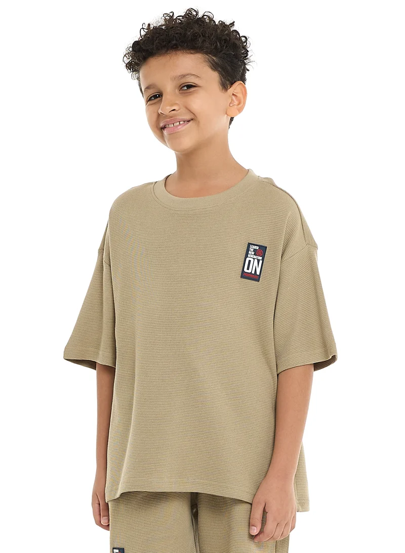victor and jane Oversized Boys' Cord Set – Olive T-Shirt and Shorts Outfit with Label Detail