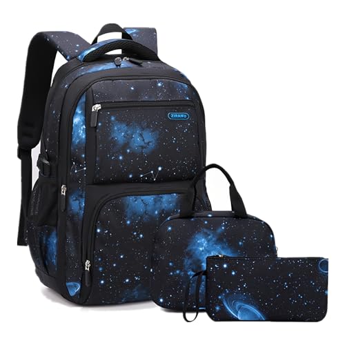 Bansusu Backpack for Boys with Lunch Box Galaxy 3Pcs, Bookbag for Boys Backpack School Bags, 3 Pieces-Galaxy-Black blue - Image 1