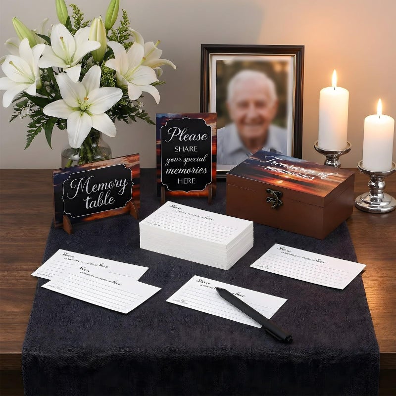 Gilprop 112 Pcs Celebration of Life Memory Cards Set Share a Memory Cards with Box 2 Wood Sign with 4 Hold and 5 Pens, Sympathy Memorial Gifts Funeral Keepsake Decorations(Dusk) - Image 3