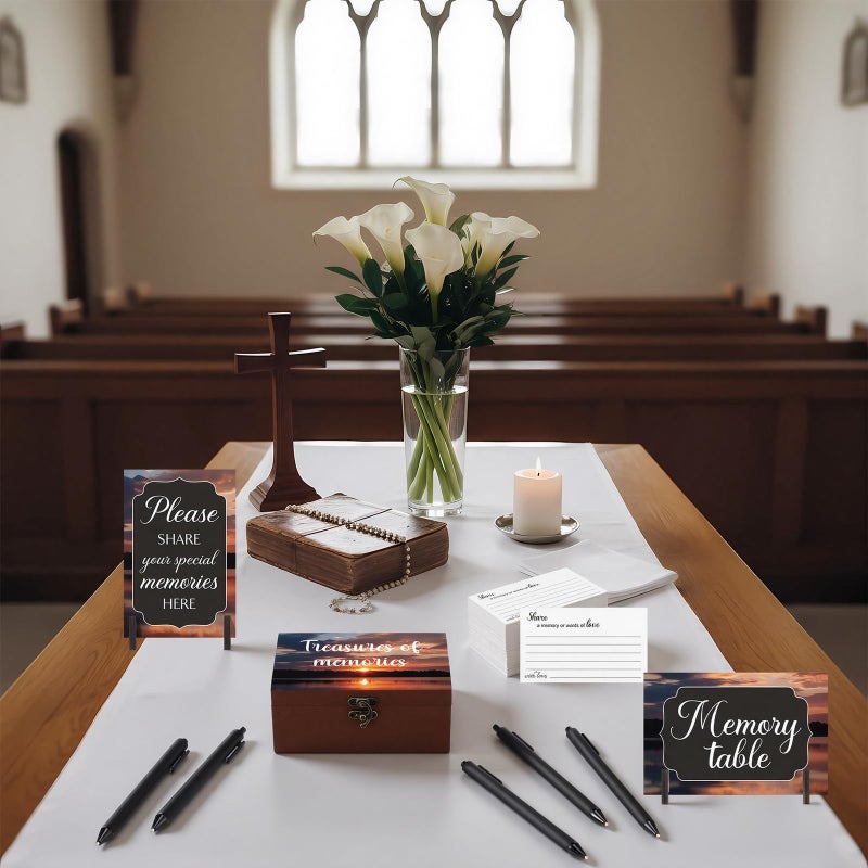 Gilprop 112 Pcs Celebration of Life Memory Cards Set Share a Memory Cards with Box 2 Wood Sign with 4 Hold and 5 Pens, Sympathy Memorial Gifts Funeral Keepsake Decorations(Dusk) - Image 5