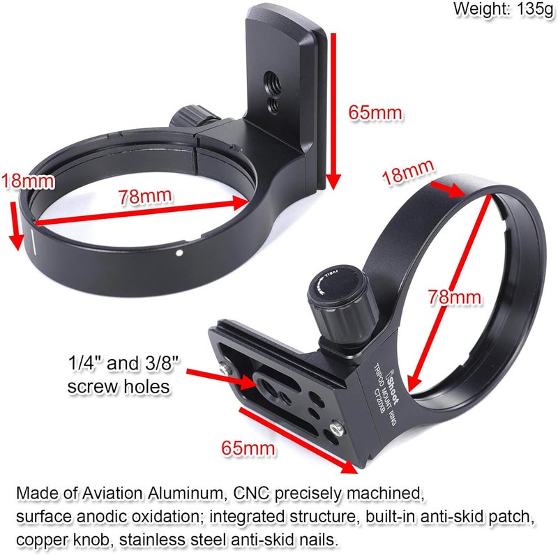 iShoot Tripod Mount Ring, 78mm Lens Collar Support for Canon EF 70-200mm f/2.8L is/II/III USM, 100-400mm f/4.5-5.6L is USM and 300mm f/4L is USM Lens, Built-in Arca-Swiss Type Quick Release Plate - Image 4
