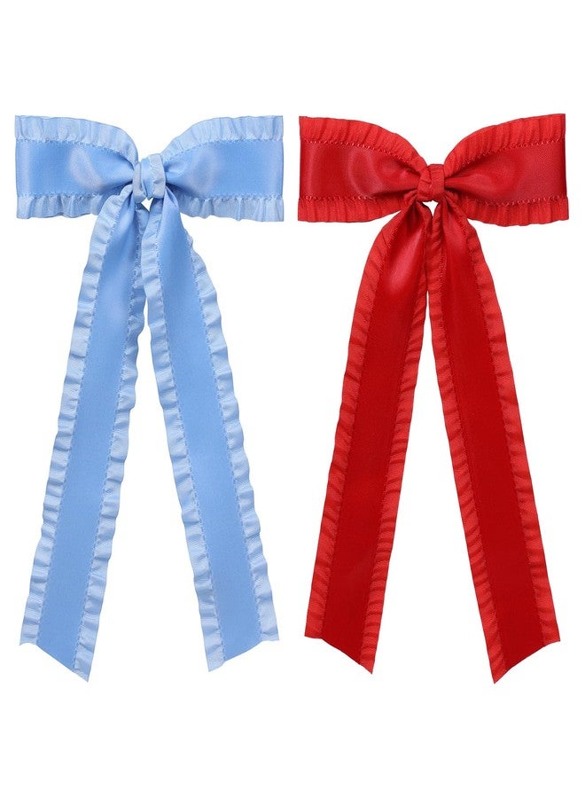 Miroksh 2 Pack 5.5" Silky Satin Ruffle Tassel Hair Bows for Women Girls Red Long Tail Bowknot Metal Alligator Clips Antique Blue for Bridal Wedding Party Dress Accessories - Image 1