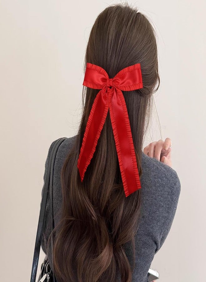 Miroksh 2 Pack 5.5" Silky Satin Ruffle Tassel Hair Bows for Women Girls Red Long Tail Bowknot Metal Alligator Clips Antique Blue for Bridal Wedding Party Dress Accessories - Image 5