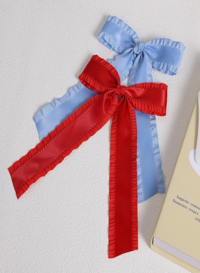 Miroksh 2 Pack 5.5" Silky Satin Ruffle Tassel Hair Bows for Women Girls Red Long Tail Bowknot Metal Alligator Clips Antique Blue for Bridal Wedding Party Dress Accessories - Image 2