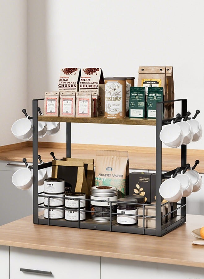 أوبتيا رف منظم أكواب القهوة المعدنية ذات الطبقتين - رف تخزين حديدي مزدوج الطبقات - رف تنظيم الحمام الواسع - رف توابل المطبخ - رف تخزين منضدة منزلية متعدد الاستخدامات مع 12 خطافًا، بني-أسود عتيق - Image 1
