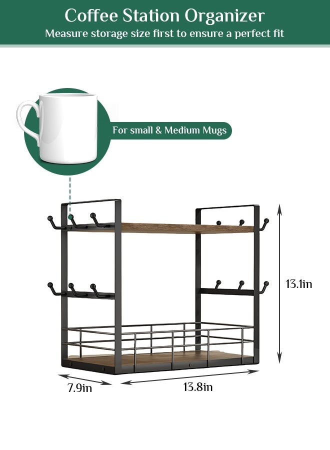 أوبتيا رف منظم أكواب القهوة المعدنية ذات الطبقتين - رف تخزين حديدي مزدوج الطبقات - رف تنظيم الحمام الواسع - رف توابل المطبخ - رف تخزين منضدة منزلية متعدد الاستخدامات مع 12 خطافًا، بني-أسود عتيق - Image 2