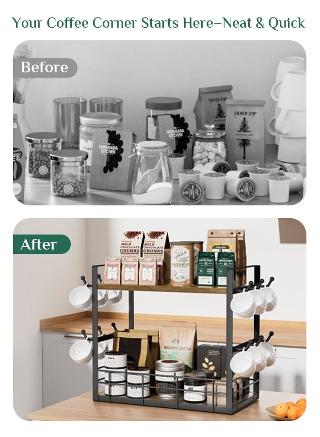 أوبتيا رف منظم أكواب القهوة المعدنية ذات الطبقتين - رف تخزين حديدي مزدوج الطبقات - رف تنظيم الحمام الواسع - رف توابل المطبخ - رف تخزين منضدة منزلية متعدد الاستخدامات مع 12 خطافًا، بني-أسود عتيق - Image 4